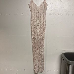 White Form Fitting Maxi Dress Pink Glitter Detail